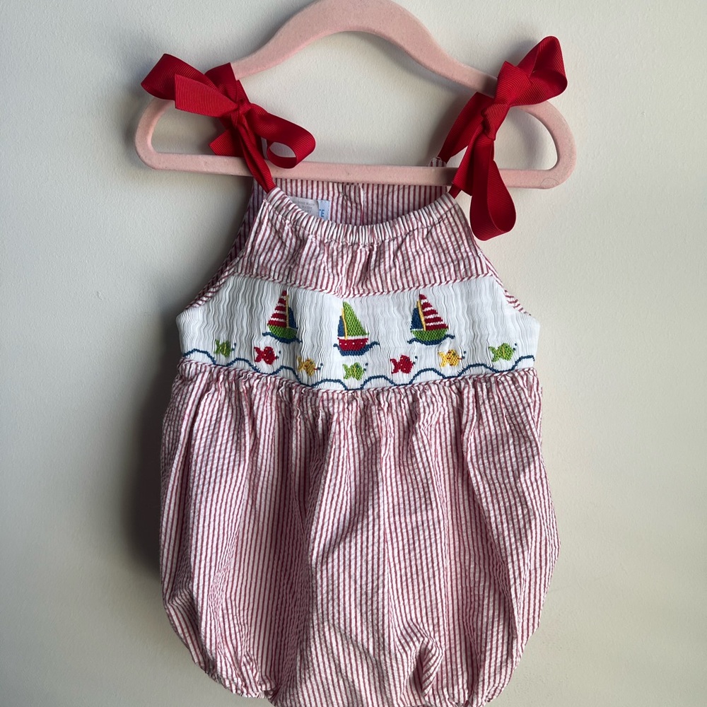 Smocked Striped Red and White Sailboat Bodysuit